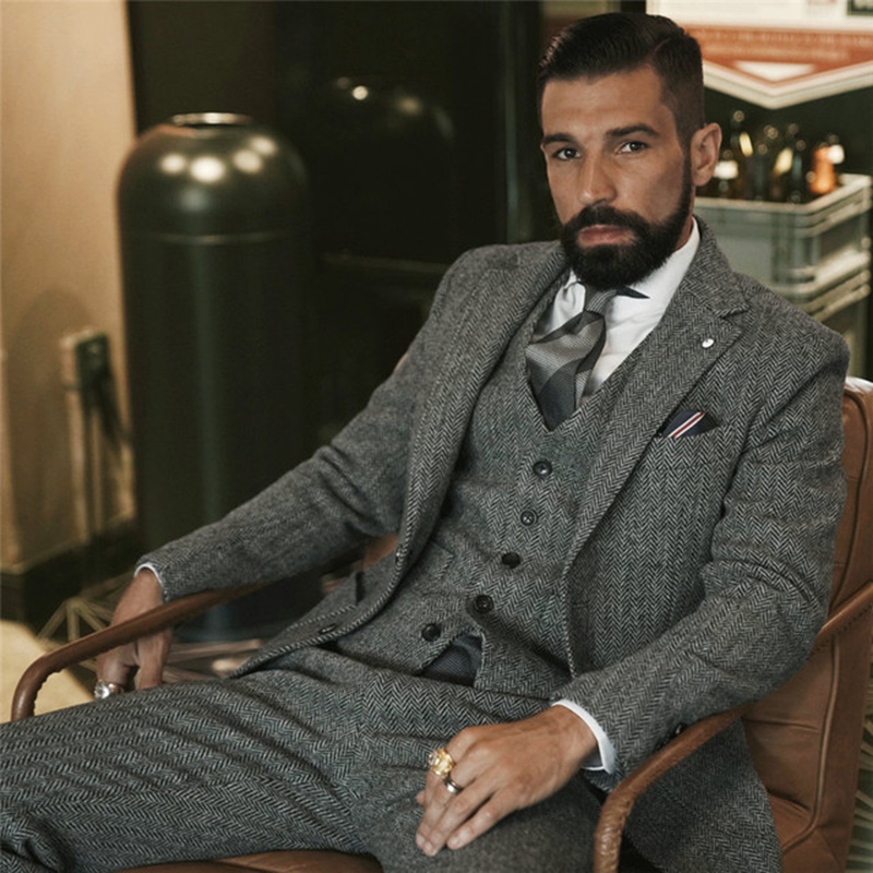 Men Grooming Outfit - بدلة الشتاء الصوف الرمادي تويد للرجال